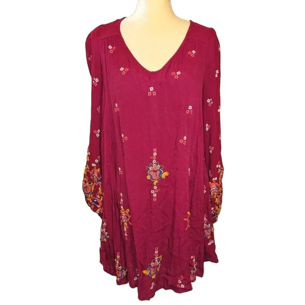 Free People Embroidered Balloon Sleeve Trapeze Dress EUC - Picture 2 of 8